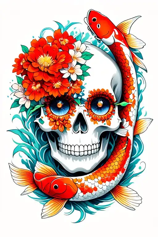 calavera with flowers in the eyes and japanese koi carp around it tattoo design idea