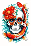 calavera with flowers in the eyes and japanese koi carp around it tattoo design idea