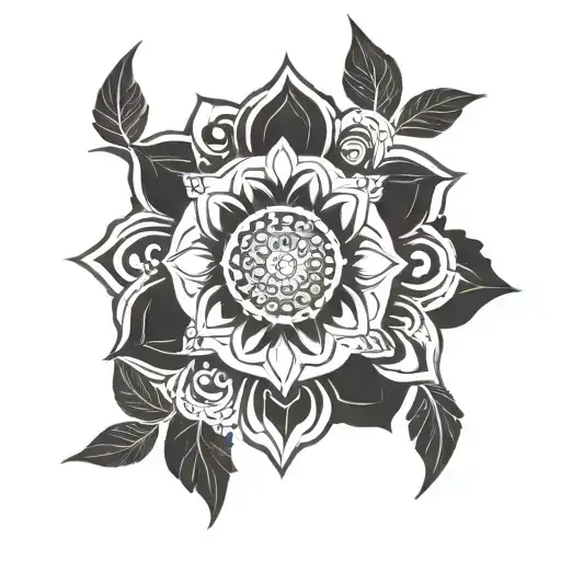 tribal marigold flower with Aztec calendar behind it tattoo design idea
