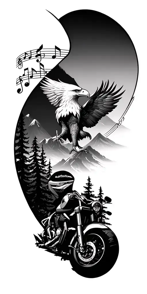 motorcycle, trees,eagle, mountain, music note made tattoo design idea