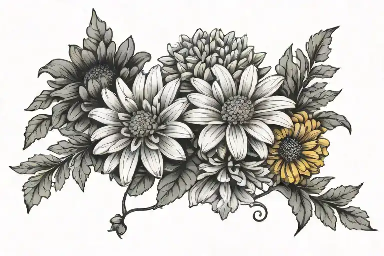 Chrysanthemum daisy and marigold flowers intertwined tattoo design idea