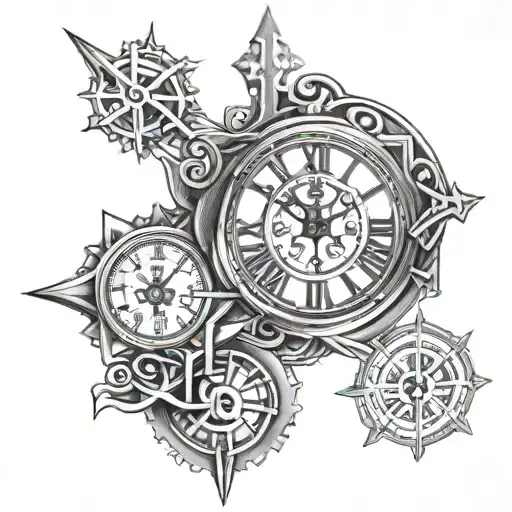 word "perspectives" written vertically, Fine line tattoo, Cross, Clock, tattoo design idea