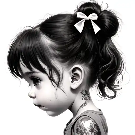 A light-skinned one year old girl with a ponytail tied with a heart-shaped hair tie, wearing a short-sleeved dress with  tattoo design idea