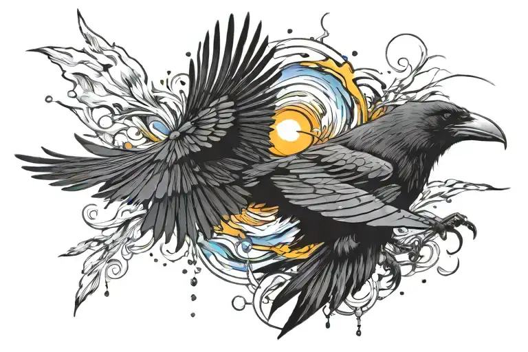 Can you design a tattoo that combines the elements of water, wind, and fire with a crow at its center, symbolizing renew tattoo design idea