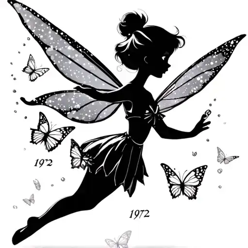 tinkerbell cartoon Peter Pan version with her fairy dust falling  in a shape of butterflies with the year 1972 tattoo design idea