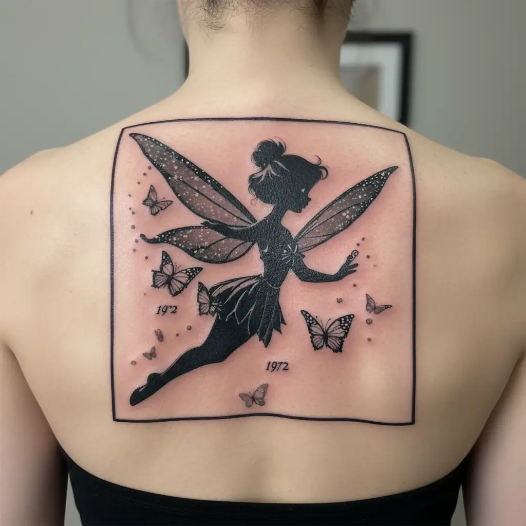 tinkerbell cartoon Peter Pan version with her fairy dust falling  in a shape of butterflies with the year 1972 tattoo design idea