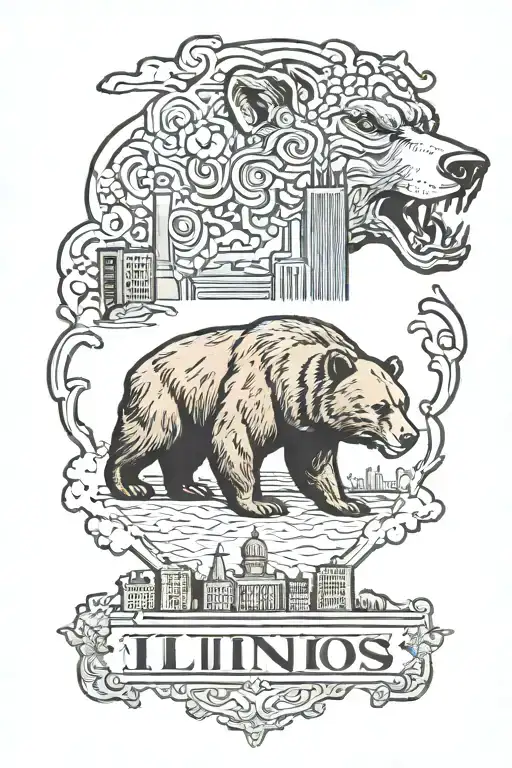 State of illinois outline, A roaring bear, Big chicago skyscrapers  tattoo design idea
