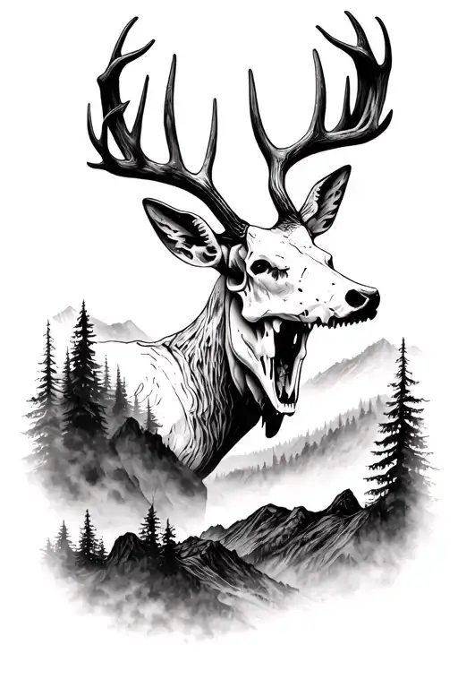 deer skull turned looking in the distance  in foggy mountain set surrounded tattoo design idea