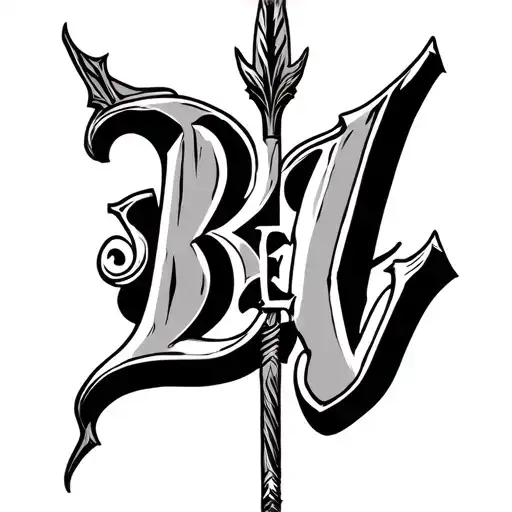 Tattoo of 3 letters, the B, E and V written in the pen, inserting an elven arrow tattoo design idea