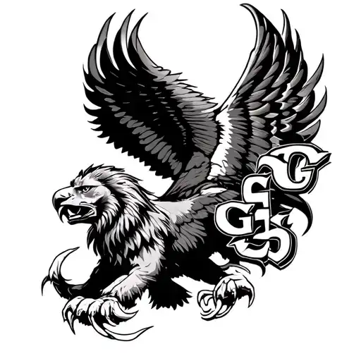 A chaotic tattoo blending a lion's head and claws, an eagle with outstretched wings, and the GS logos tattoo design idea