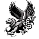 A chaotic tattoo blending a lion's head and claws, an eagle with outstretched wings, and the GS logos tattoo design idea