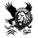 A chaotic tattoo blending a lion's head and claws, an eagle with outstretched wings, and the GS logos tattoo design idea
