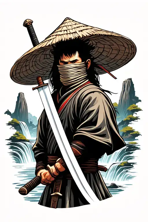 Ronin wearing a straw hat that covers his face standing and wielding a sword with waterfall scenery in the background tattoo design idea