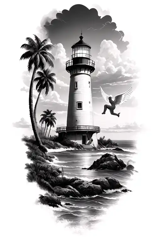 small light house in the distance, palm trees in background, small baby angel flying in the sky, (black and white) tattoo design idea