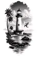 small light house in the distance, palm trees in background, small baby angel flying in the sky, (black and white) tattoo design idea