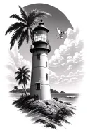 small light house in the distance, palm trees in background, small baby angel flying in the sky, (black and white) tattoo design idea
