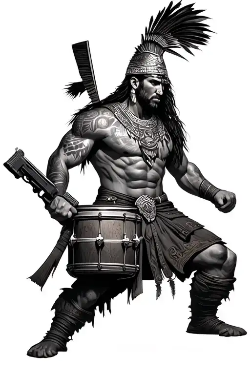dark incan warrior wielding a glock 21 with a drum tattoo design idea