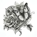 A heart with butterfly and flowe tattoo design idea