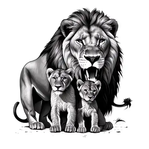 lion, Lioness protecting 2 cubs roaring tattoo design idea