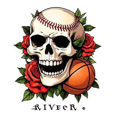 Skull and roses with the name rivera and baseball, basketball and football tattoo design idea