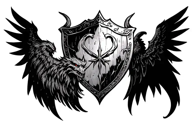 warrior shield with an angel and demon wings tattoo design idea