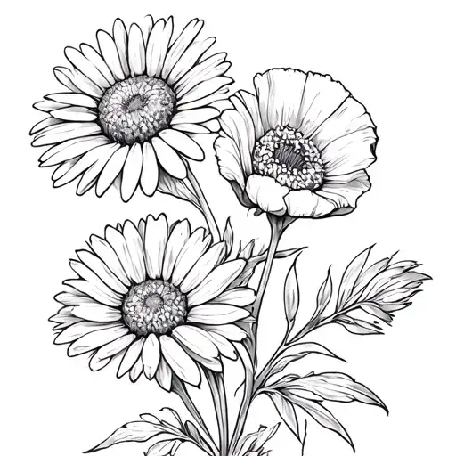 daisy, aster , and poppy flower intertwined tattoo design idea