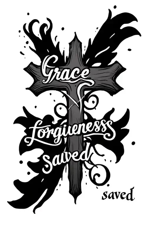 in the shape of a cross using the words "grace", "forgiveness", "saved" only using letters tattoo design idea