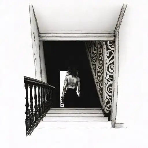 Stairs leading up to an open door with a crooked woman with hair over her face. And at the bottom of the stairs are the  tattoo design idea