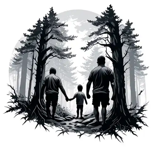 dad and 2 sons dark forest scene tattoo design idea