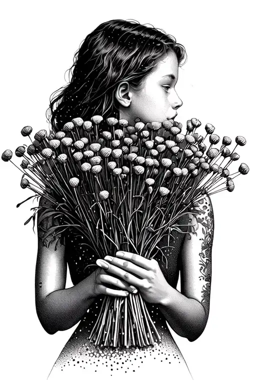A beautiful slender girl holds a huge bouquet of pins in front of her, the bouquet covers part of the body  tattoo design idea