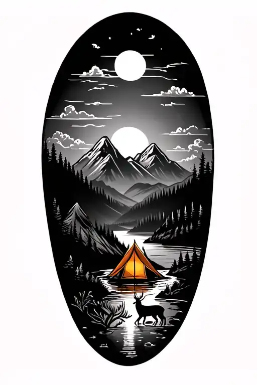 outdoor tattoo with mountains, river, tent, fish, deer, sun, clouds tattoo design idea