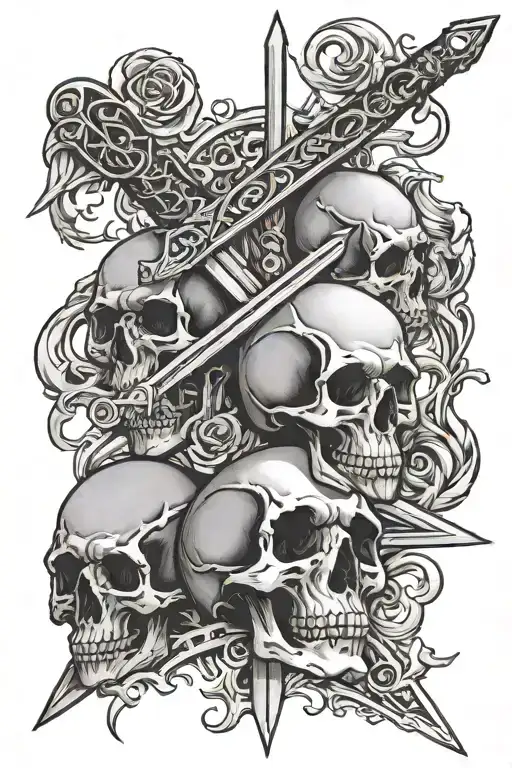 protect the innocent punish the sinners in calligraphy writing surrounding a sword that is between two humsn skulls tattoo design idea