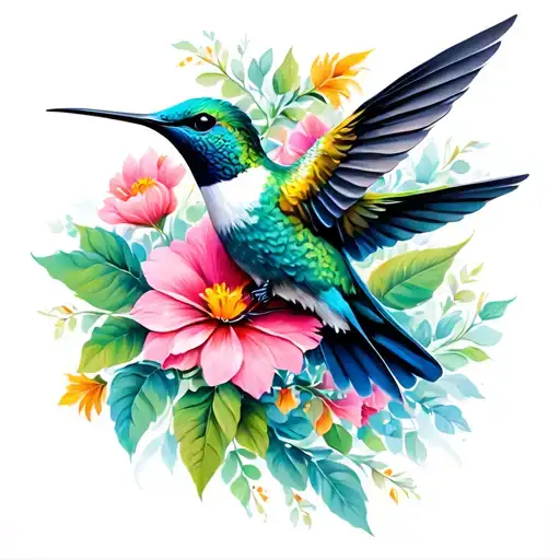 humming bird with flowers tattoo design idea