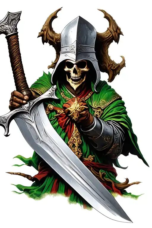 undead Irish knight holding a sword tattoo design idea