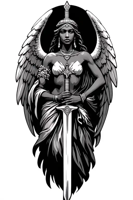 African angel holding a sword tattoo design idea