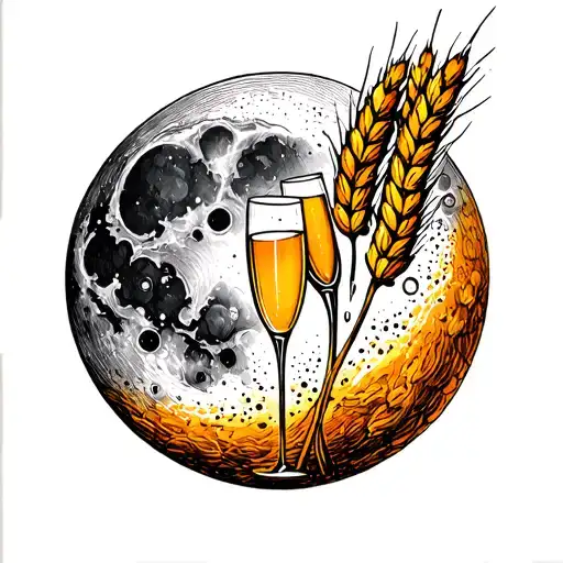 golden-orange full moon with two wheat stalks and champagne glass tattoo design idea