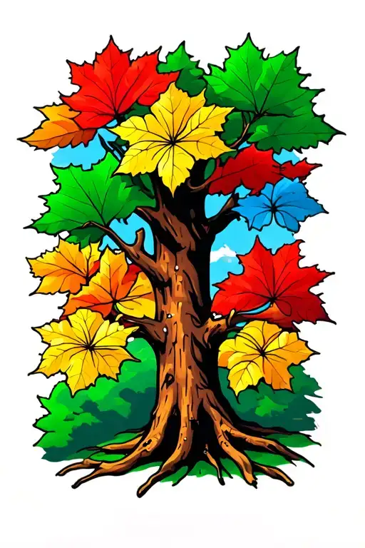 green, blue and black thick tree trunk with cherry blossoms, dogwood, green, yellow, and red maple leaves tattoo design idea