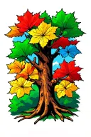 green, blue and black thick tree trunk with cherry blossoms, dogwood, green, yellow, and red maple leaves tattoo design idea