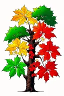 green, blue and black thick tree trunk with cherry blossoms, dogwood, green, yellow, and red maple leaves tattoo design idea