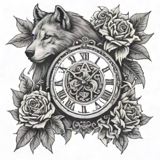 Wolf and lion we trust” with flowers and clock surrounded tattoo design idea