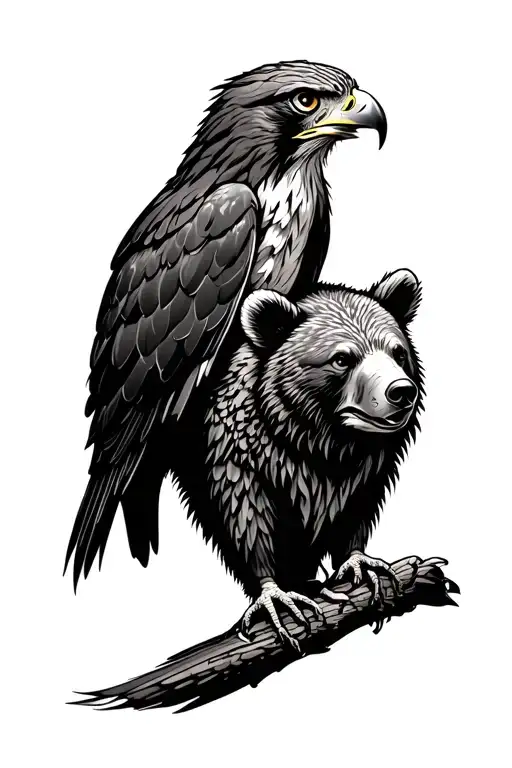 hawk perched on bear head tattoo design idea