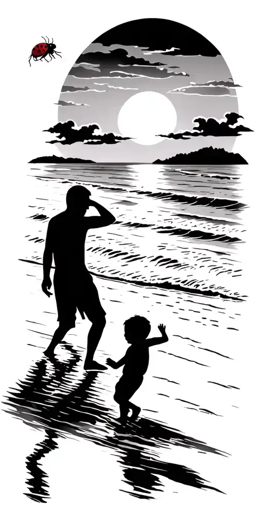 A silhouette of a father and son playing on the beach at sunset, with a ladybug flying overhead tattoo design idea