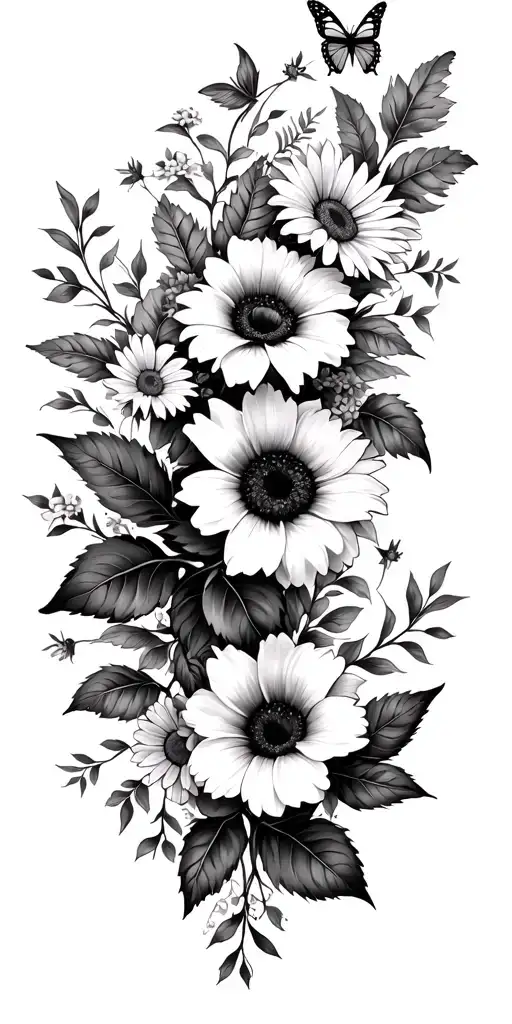 dainty vines with leaves, sunflowers, daisies, monarch butterflies, hibiscus, mandala  tattoo design idea