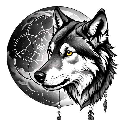 wolf with dreamcatcher behind it with full moon tattoo design idea