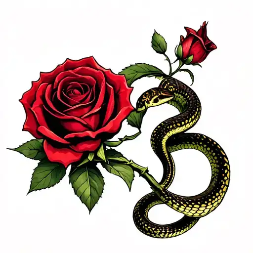 wine Red rose with snake wrapped around the stem with the flower of the rose as a heart shape tattoo design idea