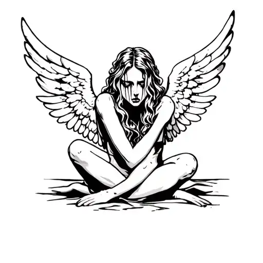 fallen angel sitting crying tattoo design idea