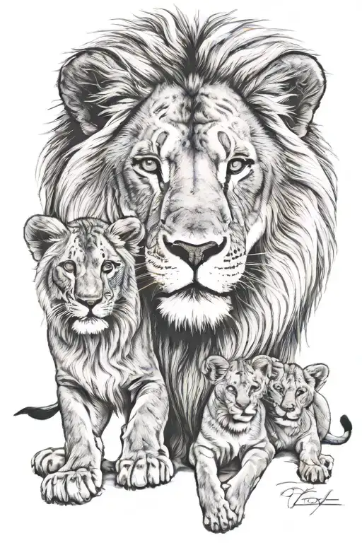 lion, pink, family, blue eyes tattoo design idea