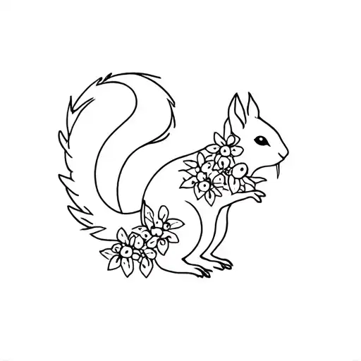 American squirrel with flowers and berries tattoo design idea