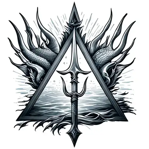downward triangle with poseidon god, trident with pisces zodiac sign tattoo design idea