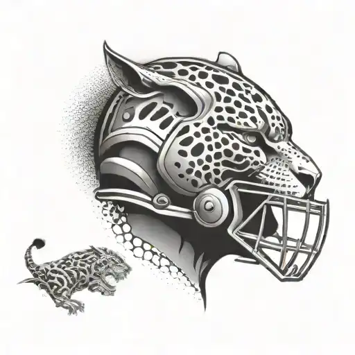 Create a unique tattoo featuring a jaguar playing rugby with a gladiator helmet on tattoo design idea